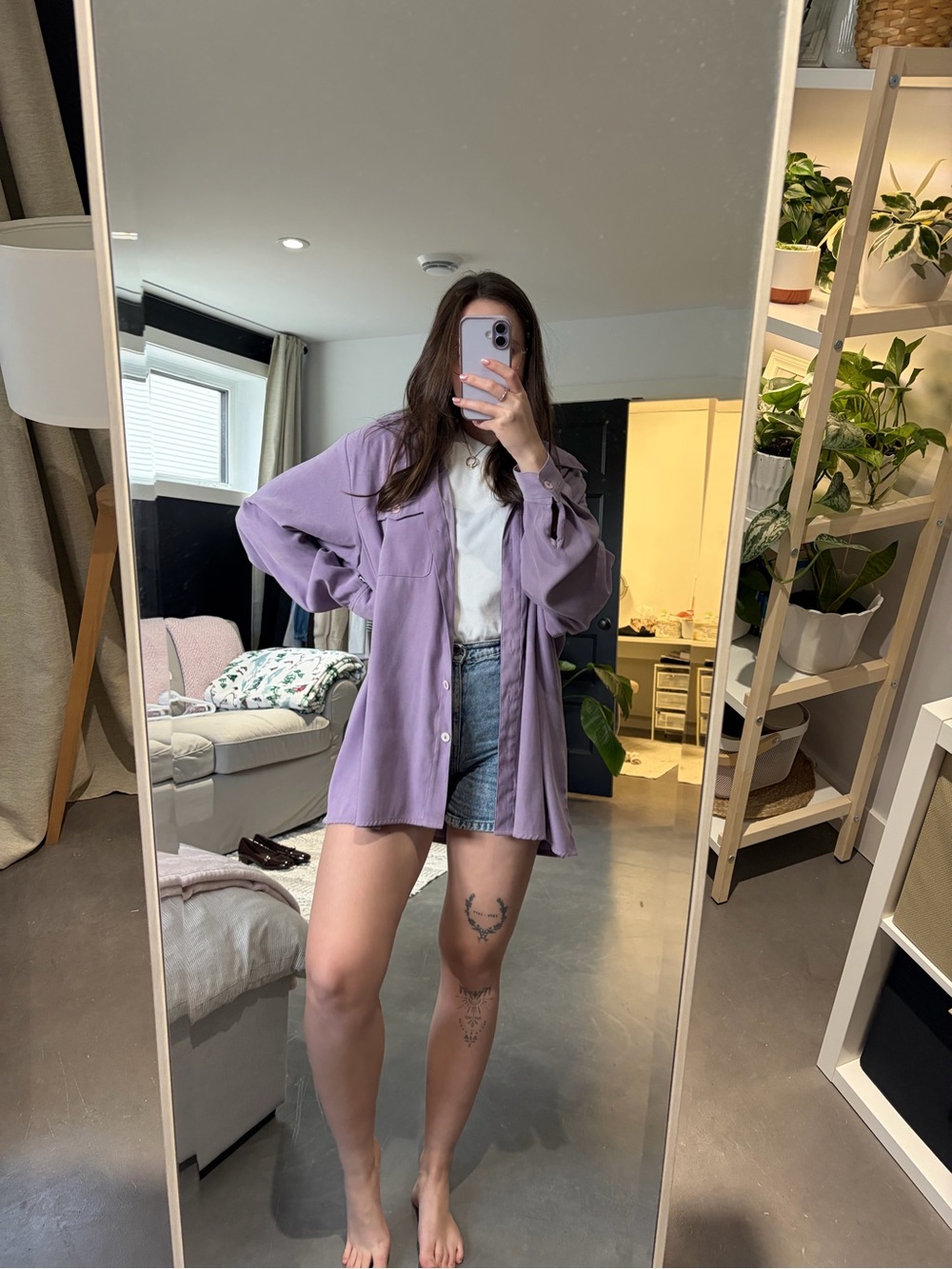 Lavender Button-Up Shirt Jacket - Casual Oversized